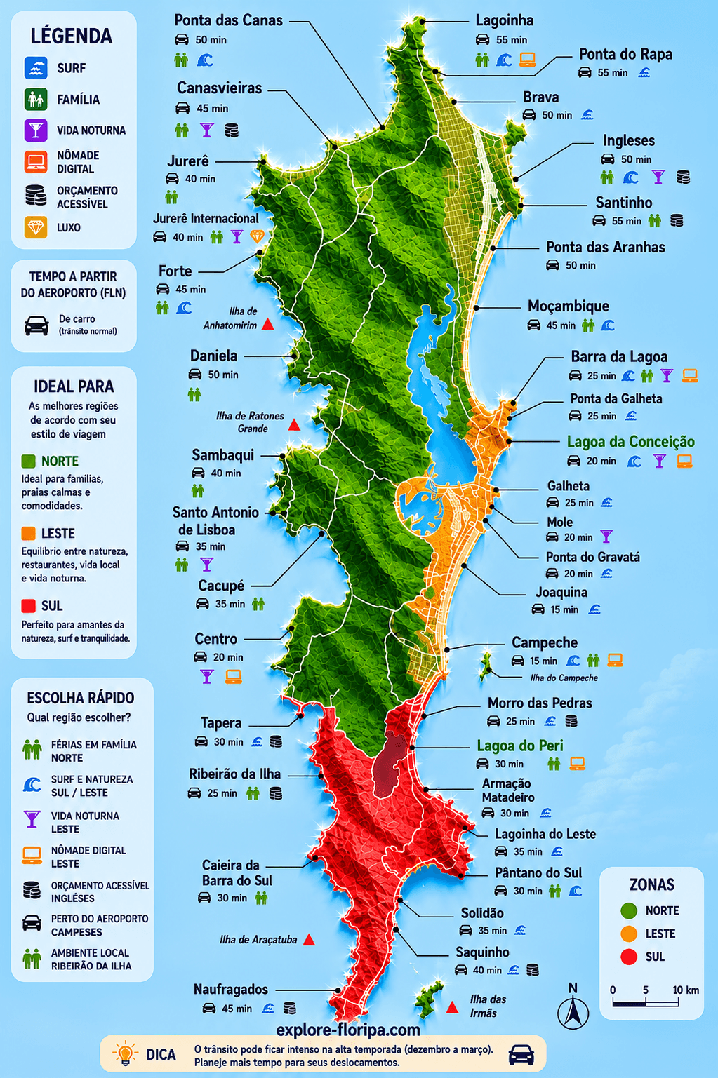 Mapa das regiões e praias de Florianópolis