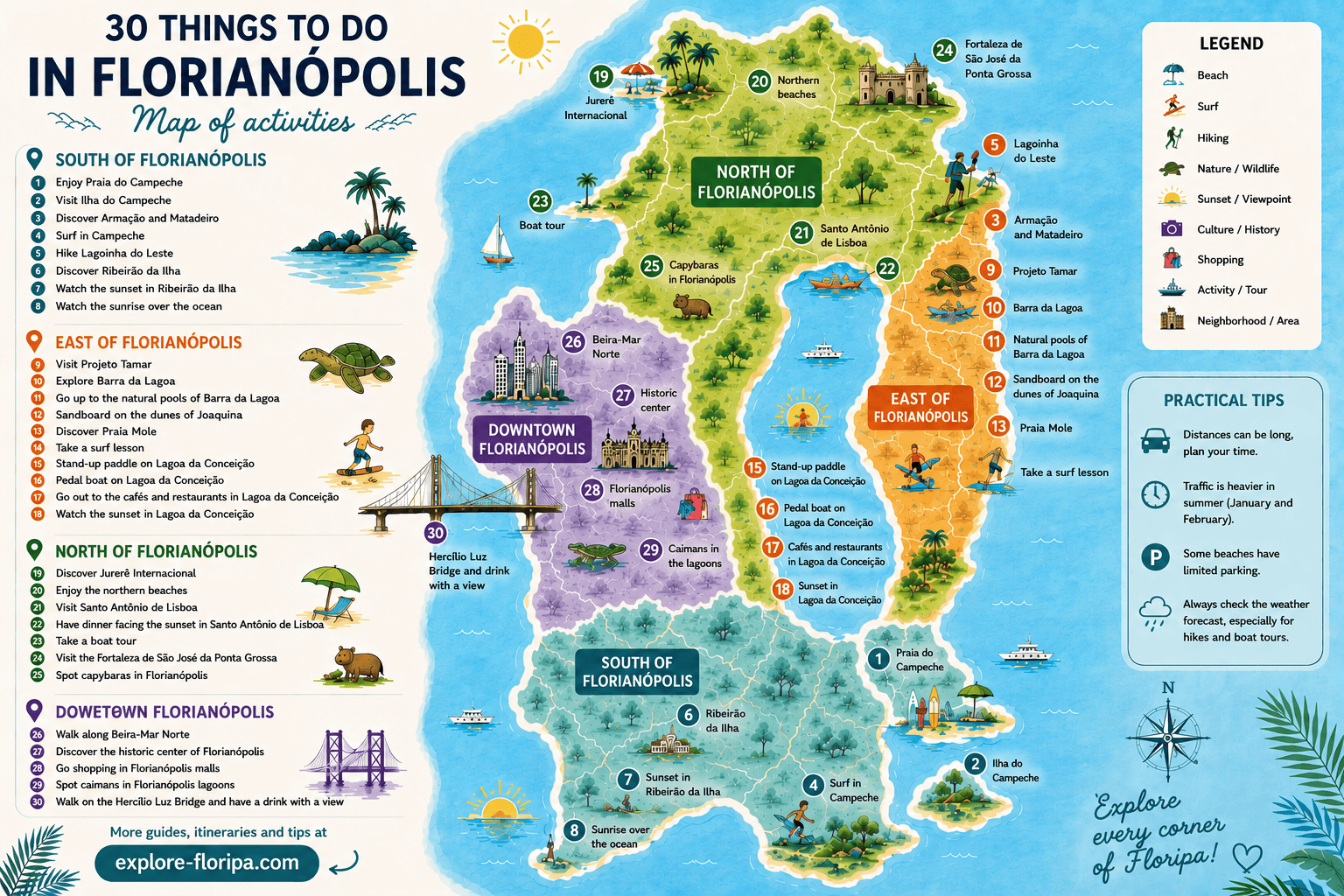 Map: What to Do in Florianópolis: 30 Must-Do Activities by Region